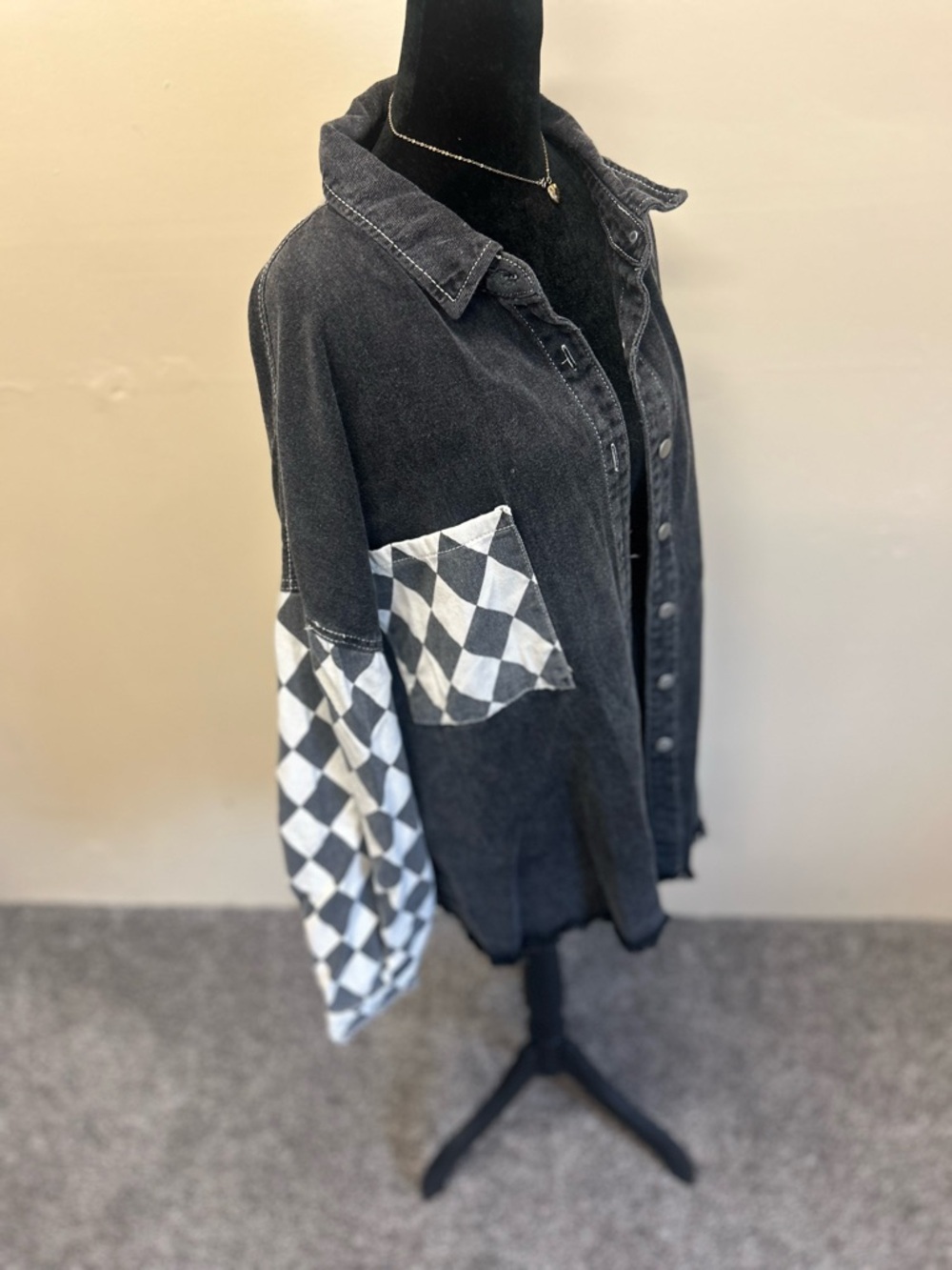 POL Black and White Checker Denim Shacket NEW Size XL - Picture 2 of 9